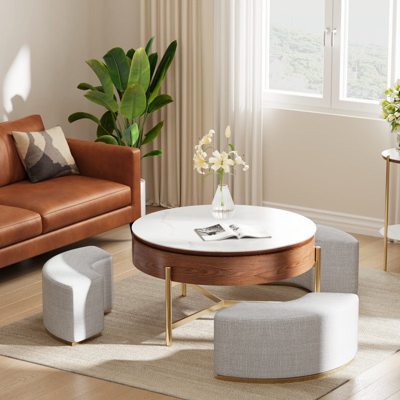  Round Lift Top Coffee Table With Storage, Nesting Table With 3 Stools & Stainless Steel Legs, Light Gray