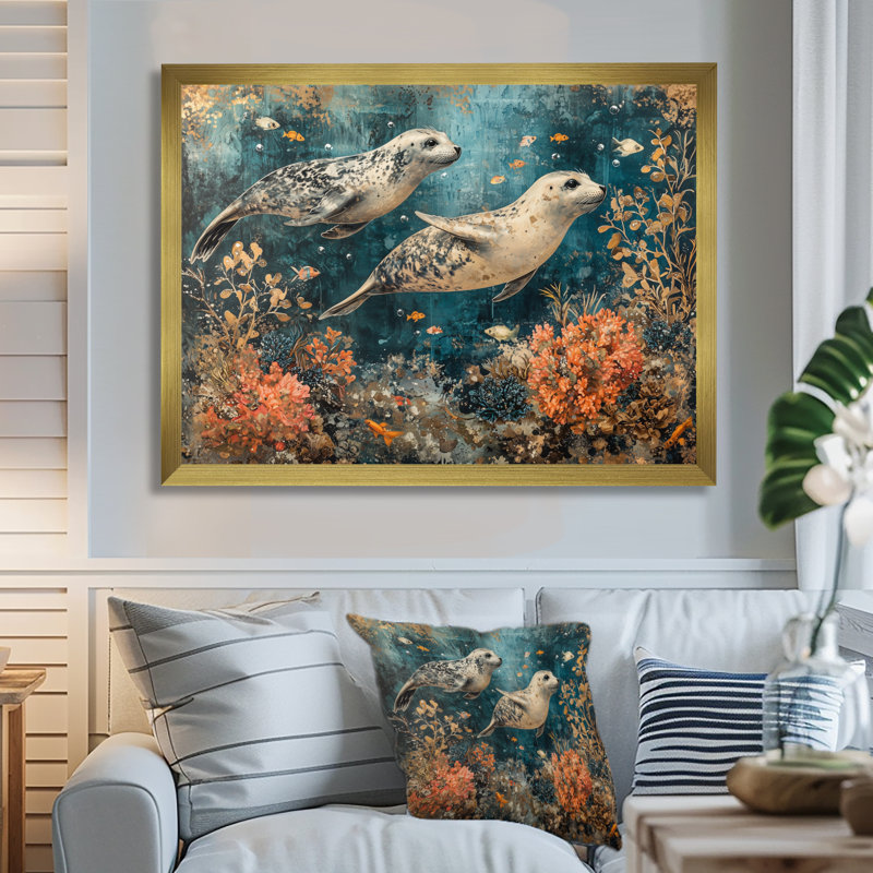 Aquarium avec sceaux au-dessus du corail II - phoque, art mural, H 30 po x l 40 po, Reproduction encadrée, Doré