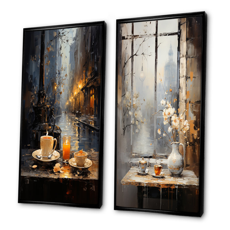 Tea Time In London - ensemble de 2 impressions sur toile café et thé, Cadre noir, H 40 po x l 41 po