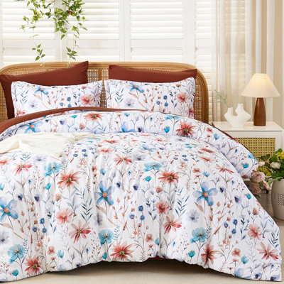 7 Pieces Floral Comforter Set, Flowers Leaves Pattern Bed in a Bag, Soft Microfiber Bedding Set
