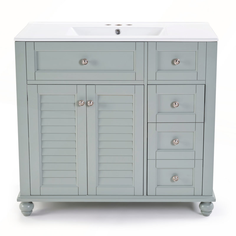 Meuble-lavabo bleu et gris 36 po avec lavabo en céramique, tiroirs à fermeture en douceur, structure en bois massif et rangement multi-organisateur
