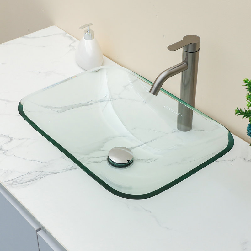 20 1/4" L x 14 1/2" W Rectangular Glass Bathroom Sink Vessel Sink with Pop-Up Drain