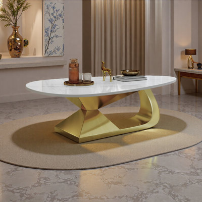 Table basse moderne en pierre frittée avec base en acier inoxydable - Centre de table de salon élégant et durable