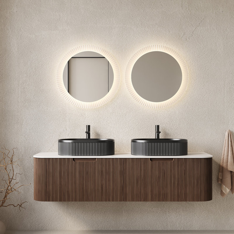 Meuble-lavabo de salle de bain mural avec tiroirs, pré-assemblé, 60", Noyer foncé