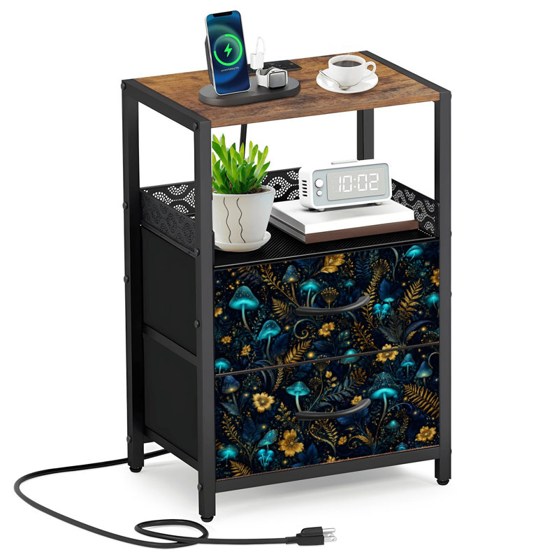 Table de chevet 2 tiroirs en tissu avec station de charge, champignon or bleu, table de chevet botanique foncé et table de bout avec ports USB ouverts et prises