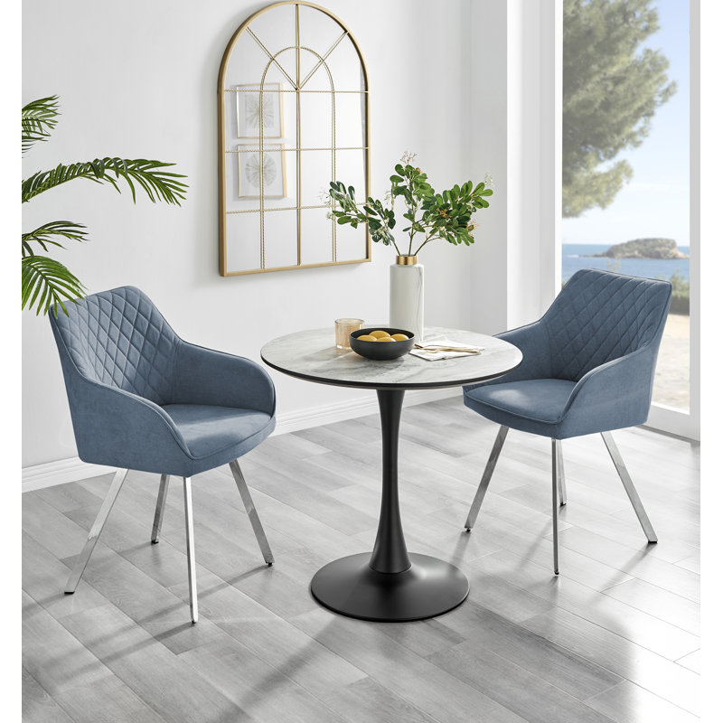 Ellis White Marble Effect Melamine Round Dining Table Set with 2 Luxury Upholstered Fabric Chairs, Blue/Silver