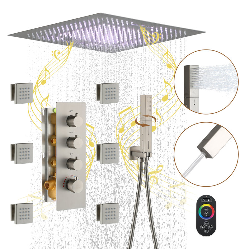 Brushed Nickel Square LED Rain Shower System with Handheld and Bluetooth Speaker