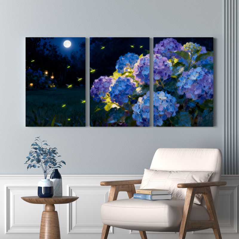 Tableau sur toile tendue « Jardin d'hortensias au clair de lune avec lucioles » (Ensemble de 3), H 18 po x l 36 po