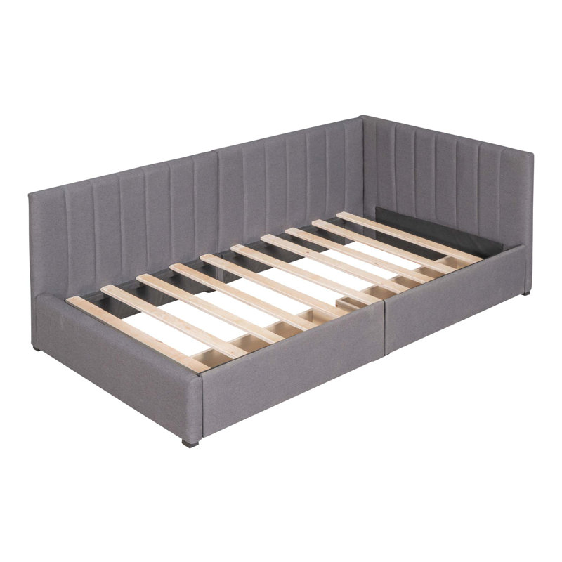 Lit de jour rembourré avec structure de canapé-lit à 2 tiroirs de rangement, tissu en lin, Gris