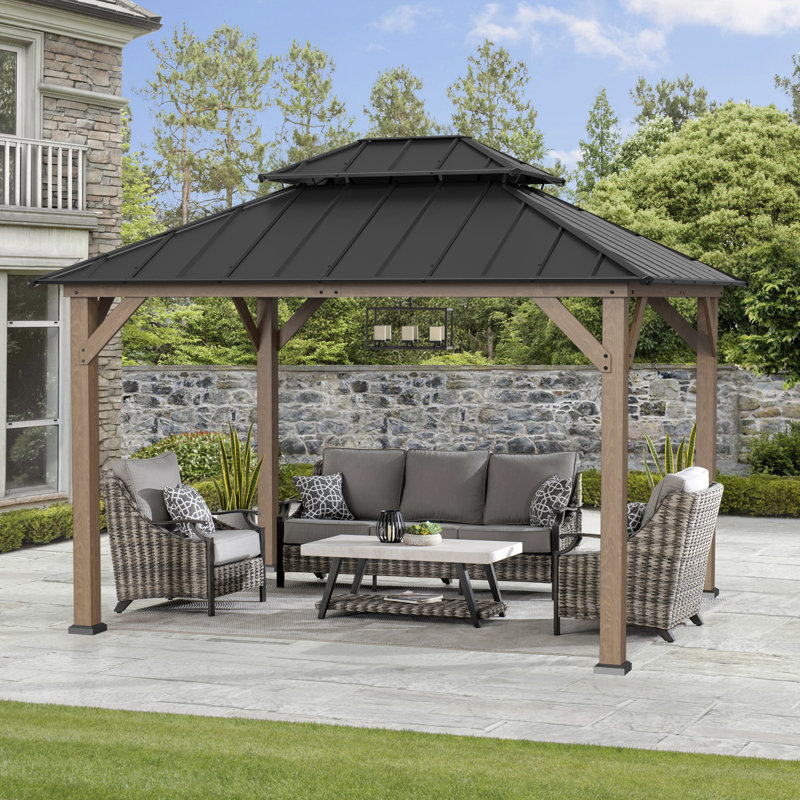 Sunjoy FSC Cedar Wooden Gazebo - 3m x 3.6m, Anthracite with 2-Tier Steel Roof - Outdoor Garden Pavilion for All Seasons
