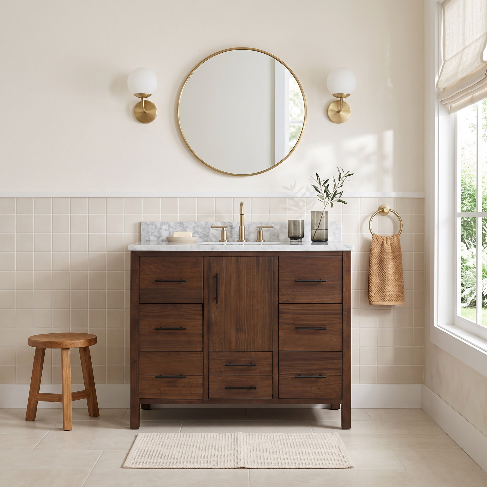 Kiara 42" Carrara Marble Single Bathroom Vanity, Carrara Marble, Walnut