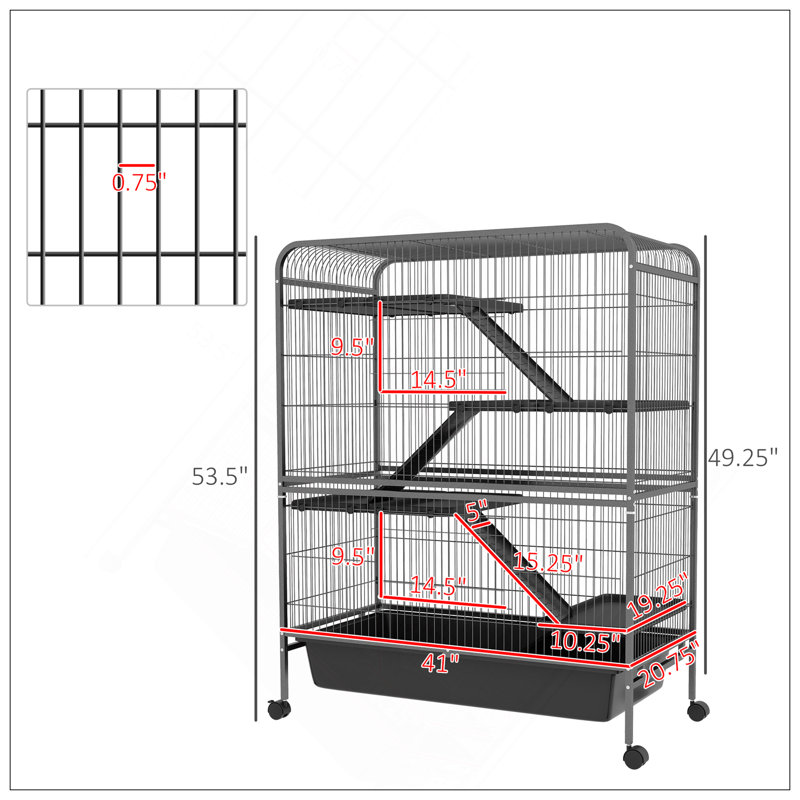 Cage pour animaux 53,5 pouces à 5 niveaux en métal avec roulettes, plateau amovible et portes avant pour furets, lapins et chinchillas