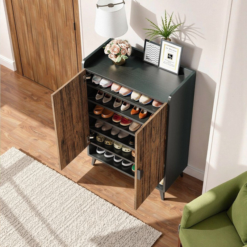 29.6" Wooden Shoe Storage Cabinet With Doors 7-Tier Adjustable Shelves Metal Legs & Handles, Black/Brown