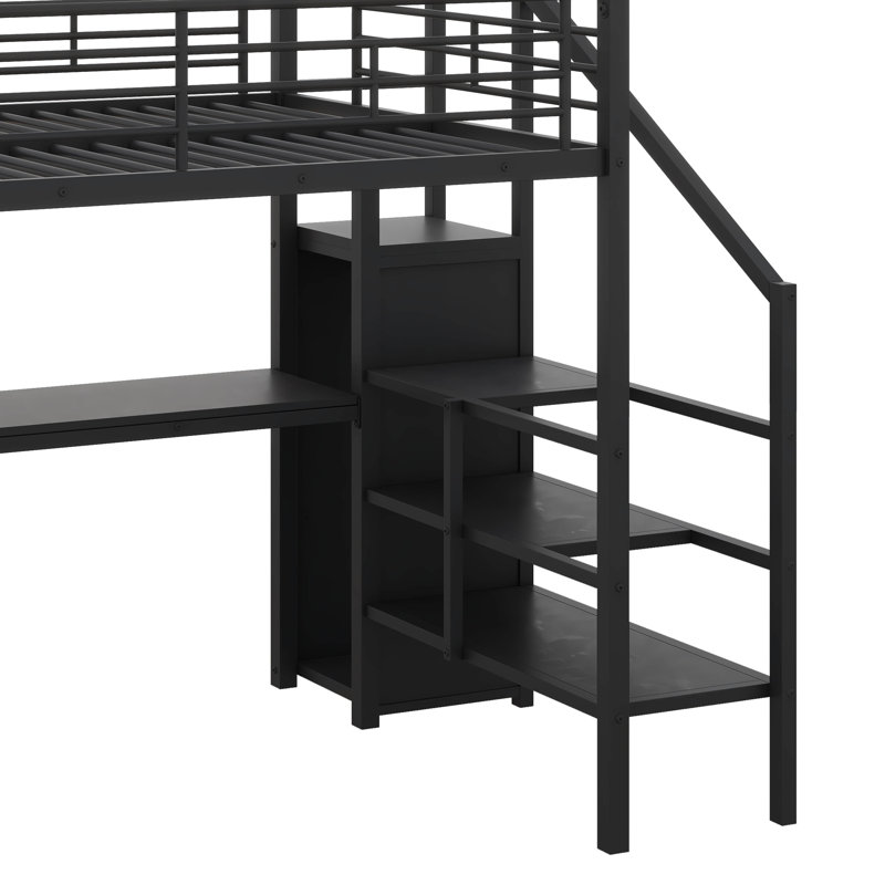 Lit mezzanine double avec bureau intégré, escalier de rangement, éclairage à DEL et garde-robe compacte