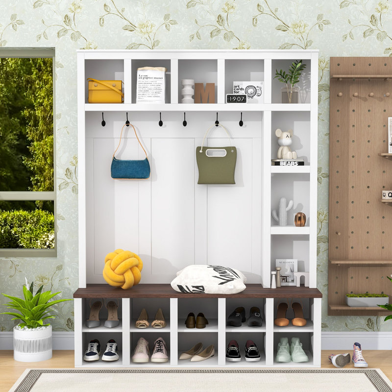 Hall Tree with 6 Hooks and Adjustable Shelves, White
