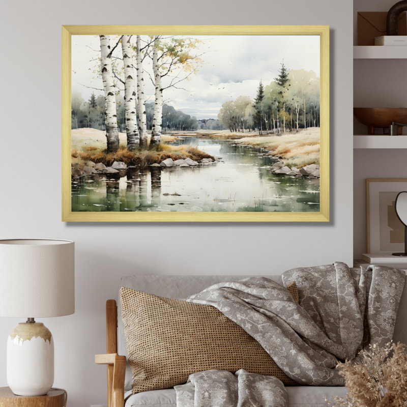 Birch Woods Birch Haven - Art mural de bouleau, H 12 po x l 20 po x P 1 po, Cadre doré simple