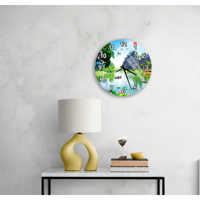 Horloge murale en verre trempé - Art de paysage de nature sereine, décor oriental de lac de montagne, maison zen, oiseau Koi lotus