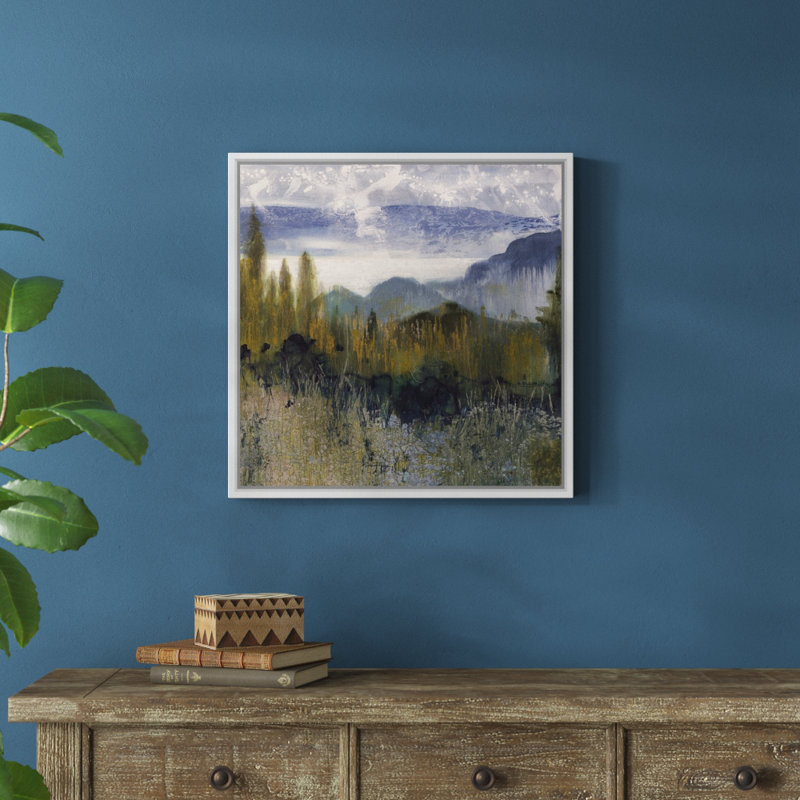 « distante peak », peinture sur toile, H 25,7 po x l 25,7 po x p 1,75 po, Cadre flottant blanc
