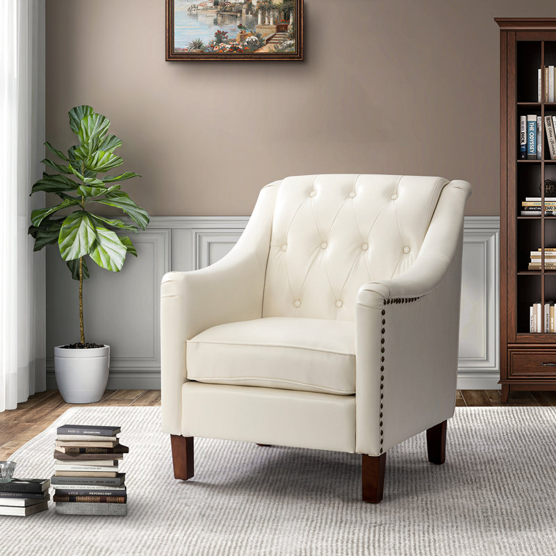 Fauteuil capitonné avec pieds en bois massif 29,5 po Raemond, Ivoire