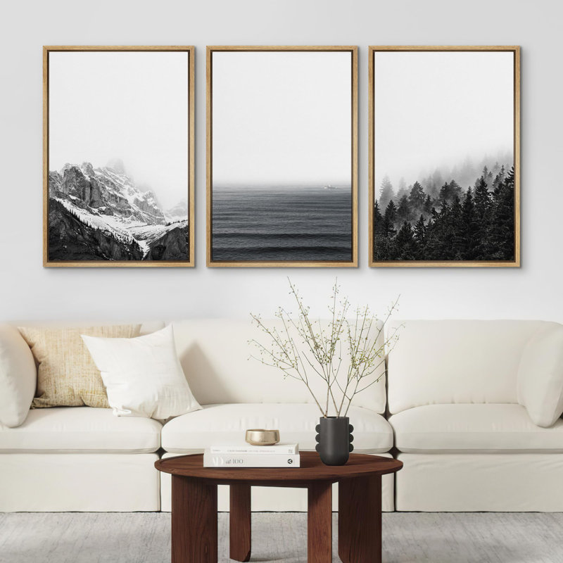 "Noir et blanc, paysage de montagne, illustrations, art moderne, salon, chambre à coucher, bureau", 3 pièces, Naturel