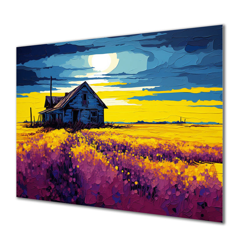 «White Country House Lavender Field Sunset», art mural paysage, Métal métal, H 24 po x l 32 po x P 1 po