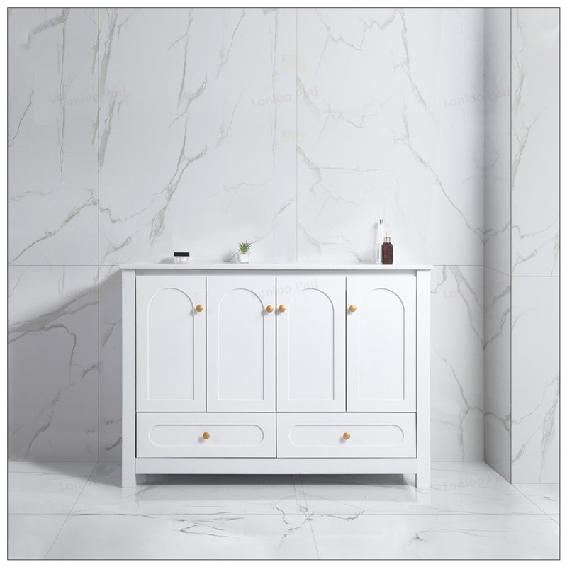 Meuble-lavabo de 48 po avec 4 portes coulissantes et 2 tiroirs, Blanc, Blanc