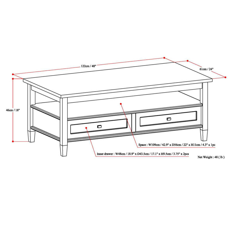 Warm Shaker 48"W Solid Wood Coffee Table with Two Storage Drawers and Open Shelf, Distressed Grey