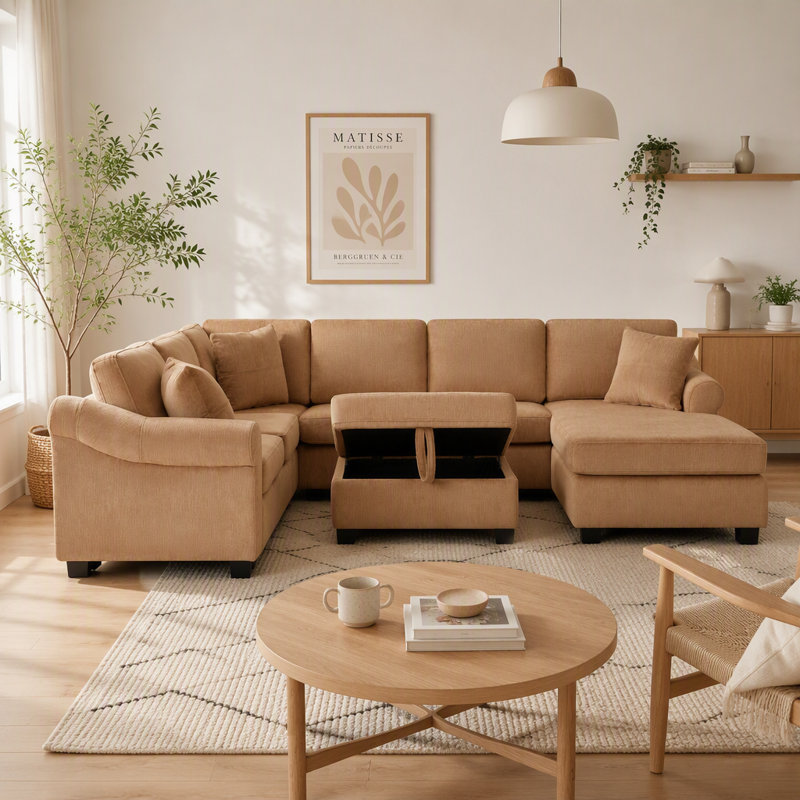 Canapé modulaire en U de 109,8 po en chenille avec repose-pieds de rangement mobile, brun, pour salon