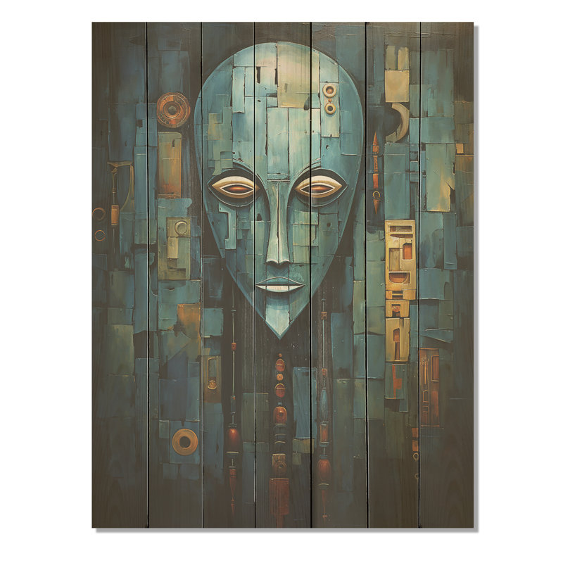 Blue Serenity African Mask - Masque africain sur bois, H 40 po x l 30 po