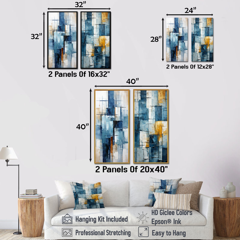 Cerulean Cubism Shapes - Abstract Shapes, ensemble de 2 reproductions d'art sur toile, Toile tendue, H 28 po x l 25 po