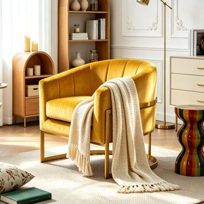 Fauteuil d'appoint en velours avec dossier ergonomique et structure en bois massif, fauteuil rembourré de luxe pour le salon, jaune