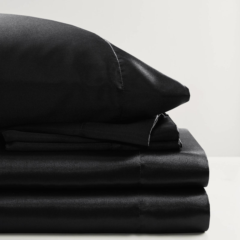 Drap-housse noir luxueux 100% satin, 7 pièces, froissé, doux pour la peau, - 1 plat, 2 ajustés, 4 taies d'oreiller, surface lisse, réduit les bris,