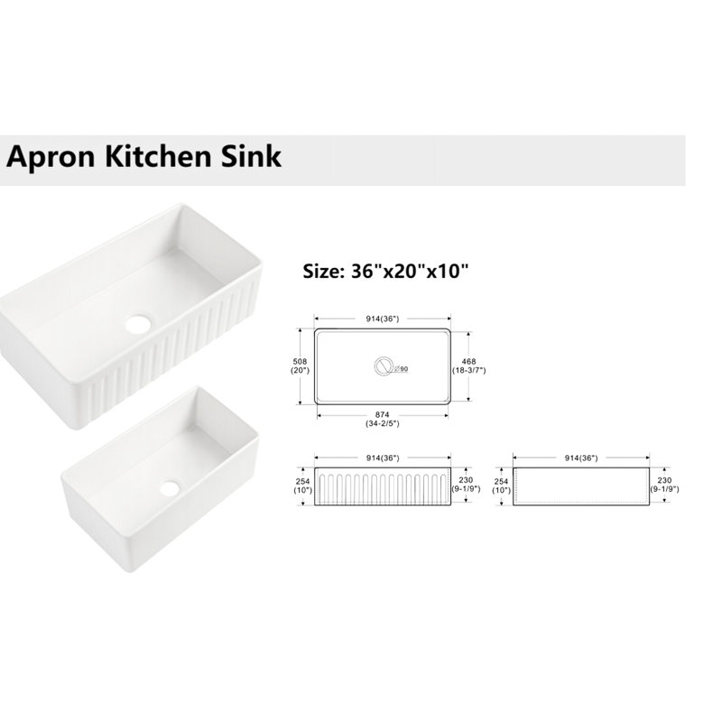 36 Inch Kitchen Ceramic Sink White - Strong, Scratch, And Easy To Clean 36" White, , Stain-