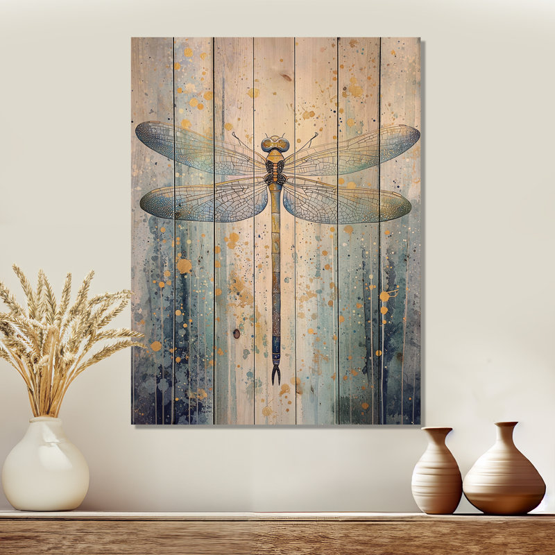 Dragonflies Iridescent Wings III - Dragonfly Animal Wood Wall Decor On Natural Pine Wood, 20" H x 10" W