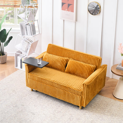 Pull - Push Yellow Corduroy With Movable Table And Charging, Rollers At Bottom, Soft Cushions, To Bed, Suitable For Bedroom Dual Purpose Out Bed Feature, Tabletop, Ports, Skin Fabric, Easy Assembly,
