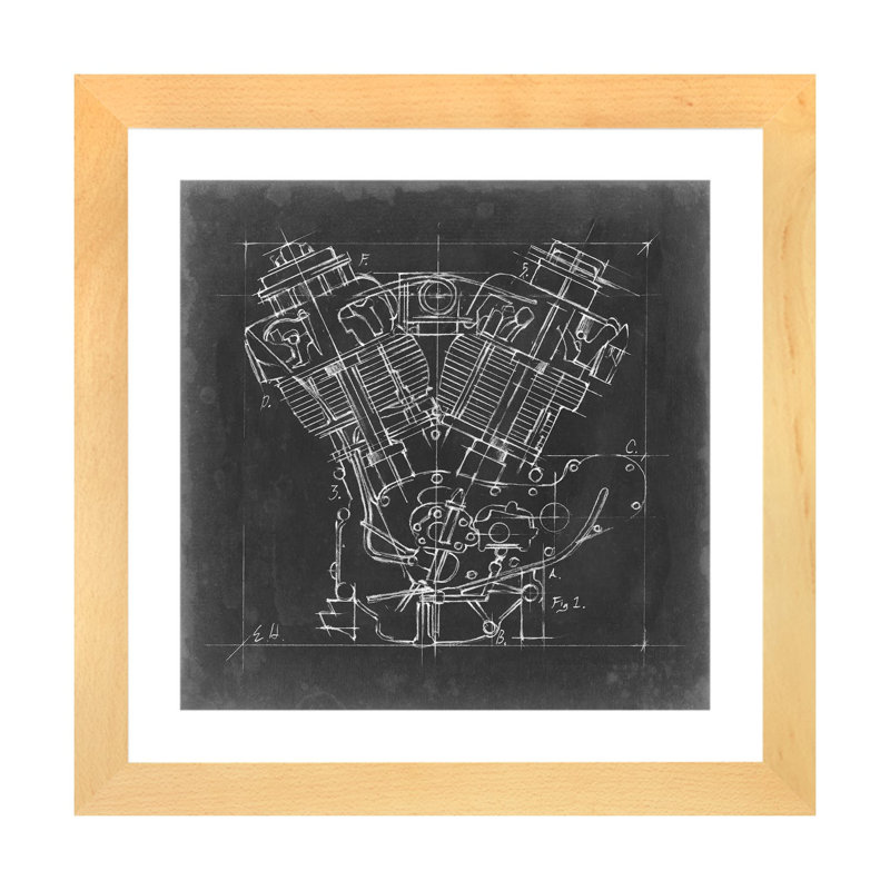 "Moto Engine Blueprint I" par Ethan Harper, reproduction d’art, H 16 po x l 16 po x P 1 po, Toile avec cadre en bois beige