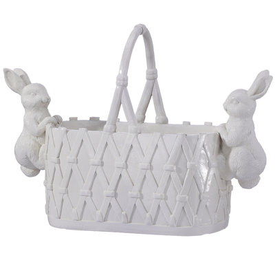 16" Resin Basket Planter With Bunnies