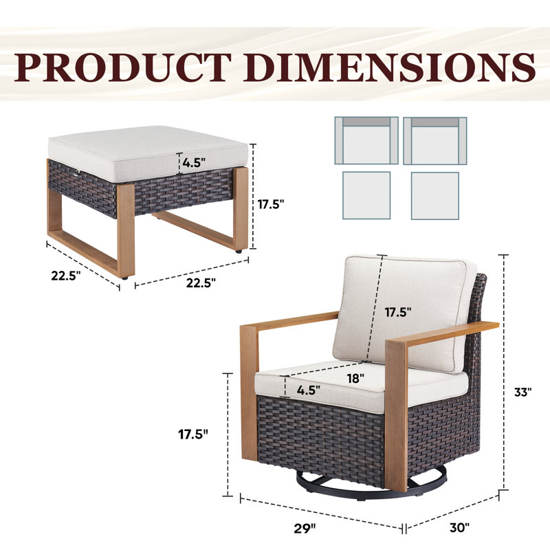 Drazen Outdoor Swivel Glider Chair Set With Ottomans - 360° Comfort, Weather-Resistant, Brown Frame/Beige Cushion