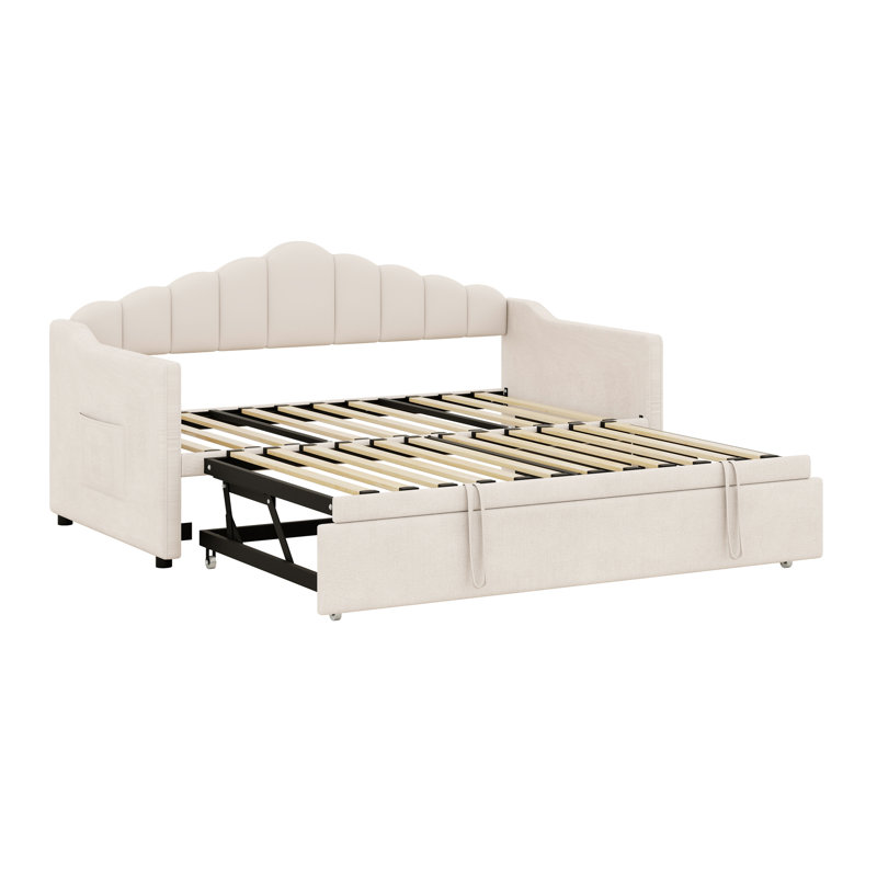 Lit de jour rembourré avec lit gigogne escamotable à hauteur réglable et port de charge USB et Type-C, structure de lit de jour avec 2 poches latérales