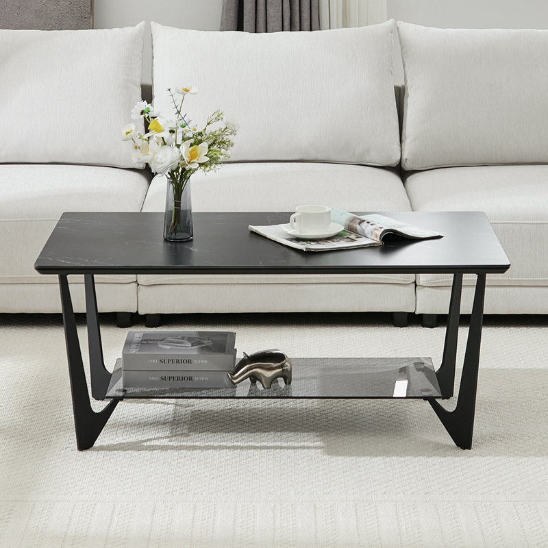 43.3" 4 Legs Glass Base Rectangle Coffee Table With Storage And Metal Legs
