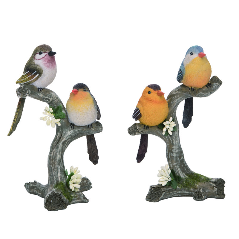  Resin 8 in Multicolor Spring Bird Duo Perched On Twig Set of 2