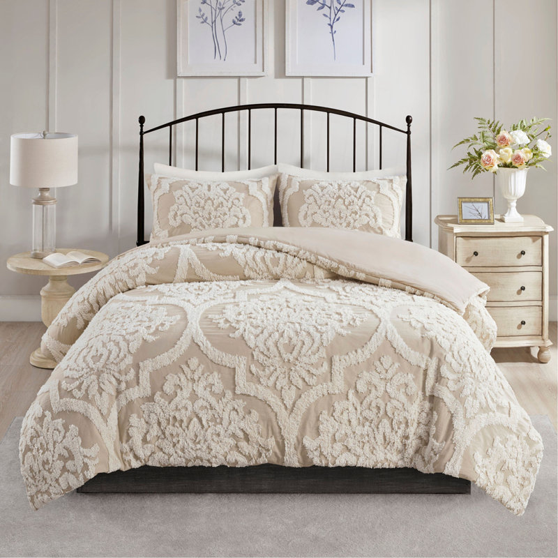 Ensemble d'édredon damassé en coton 3 pièces taupe, Édredon pour lit double et 2 pièces supplémenta