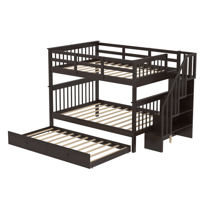 Full over Full Bunk Bed with Built-In Stairs , Trundle Bed Included, Espresso