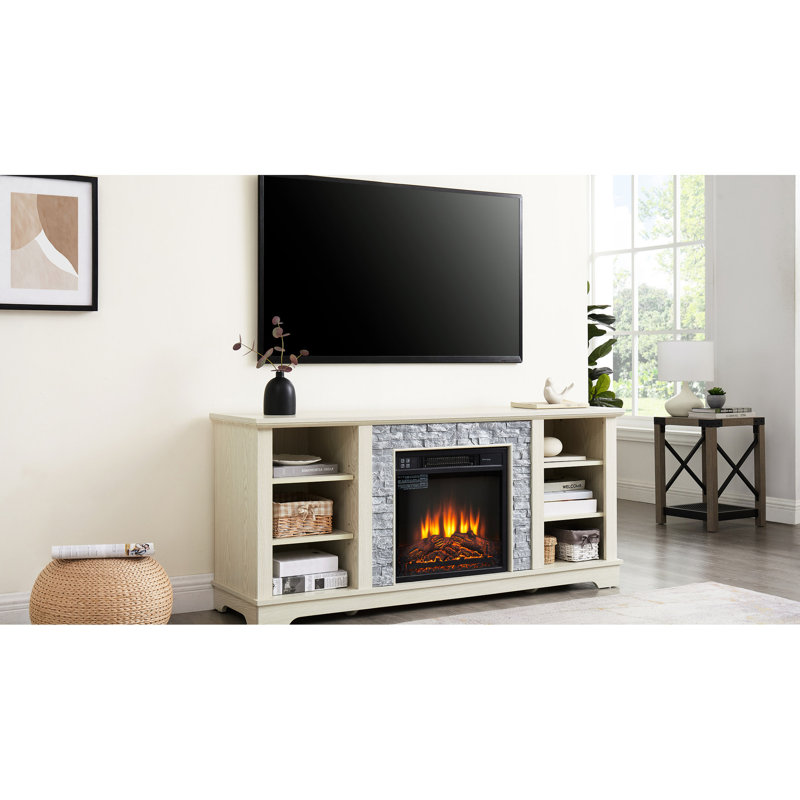 Table de foyer électrique pour foyer électrique, encastrable 18 po, blanc, convient aux téléviseurs de 65 po, meuble télé blanc spacieux avec rangement en faux pierre et rangement ouvert, peut accueillir beaucoup de place