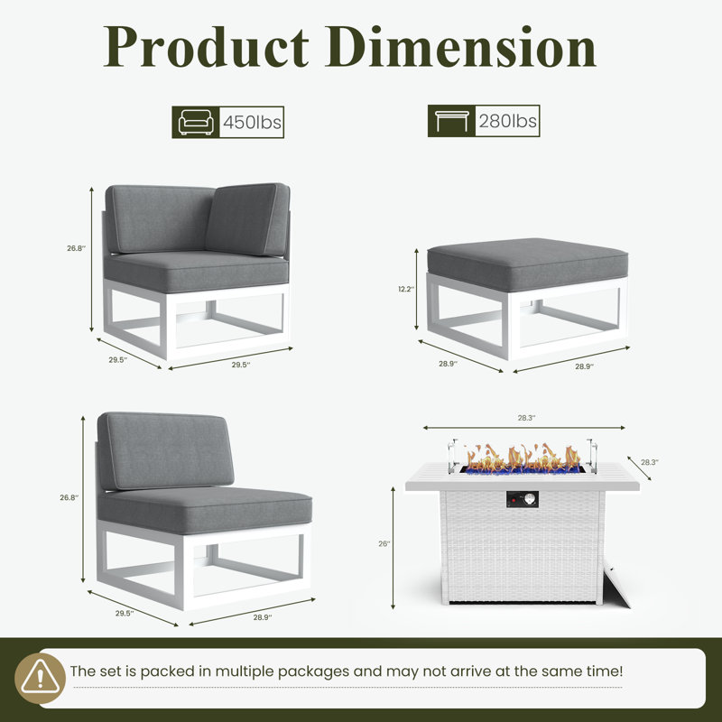 9 Pieces Modern Aluminum Patio Furniture Set With Fire Table, Outdoor Modular Sectional Conversation Set L-shaped Sofa For Backyard