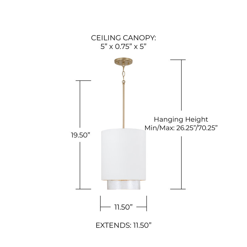 Luminaire suspendu cylindrique en métal 1 lumière 11,50 "x H 19,50" avec verre bullé, Laiton mat / blanc