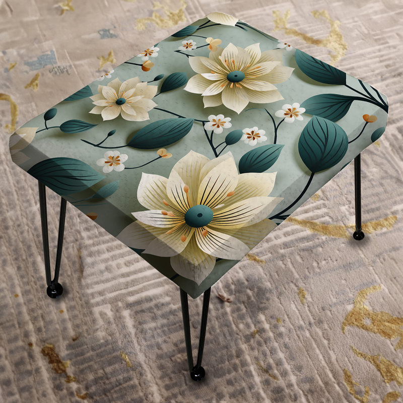 Teal & Ivory Coastal Elegance Floral Pattern - Floral Rectangle Ottoman