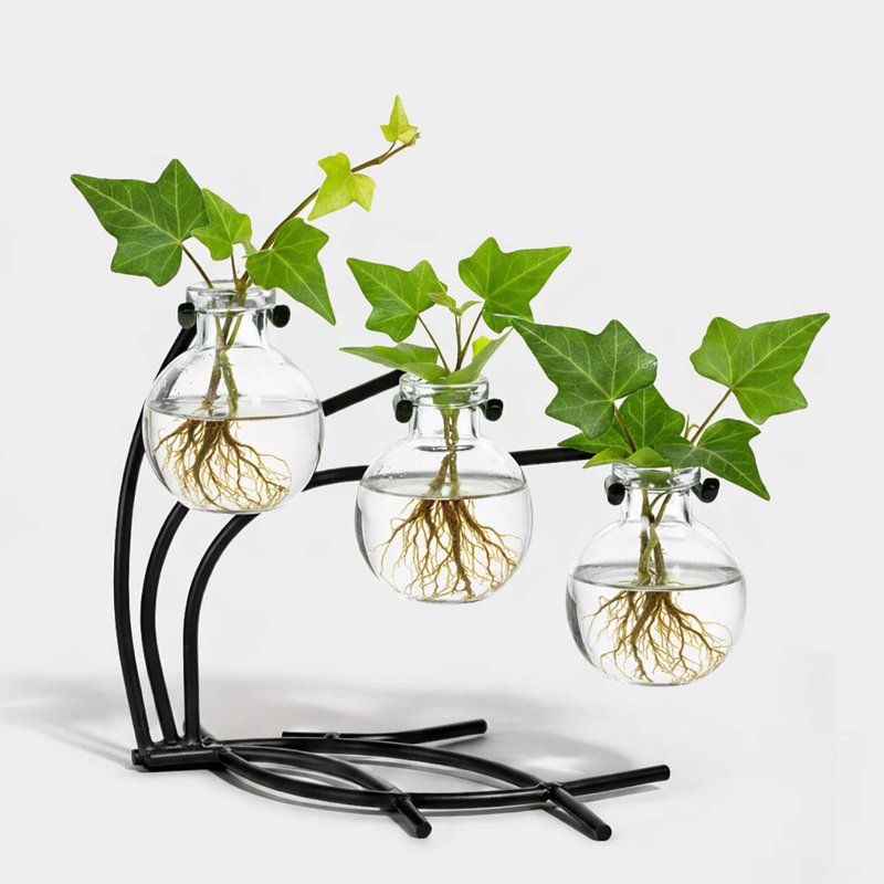 Creative 3 Piece Table Glass Bud Vase Set - Metal Holder, Clear