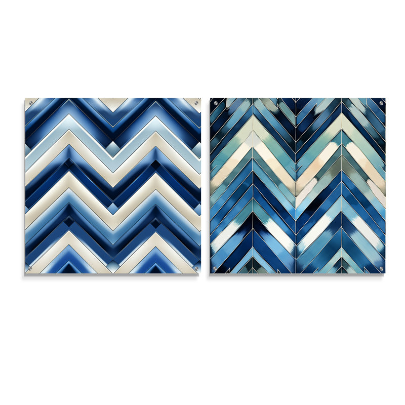Ensemble de 2 reproductions d'art mural en acrylique sur fond de chevrons rétro vintage bleu et bleu cobalt