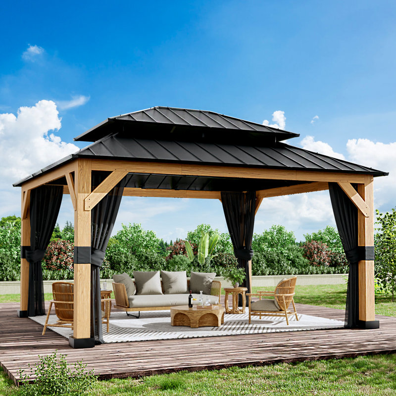 13 Ft. W X 11 Ft. D Solid Wood Outdoor Hard Top Patio Gazebo With Ceiling Hook， Mosquito Netting